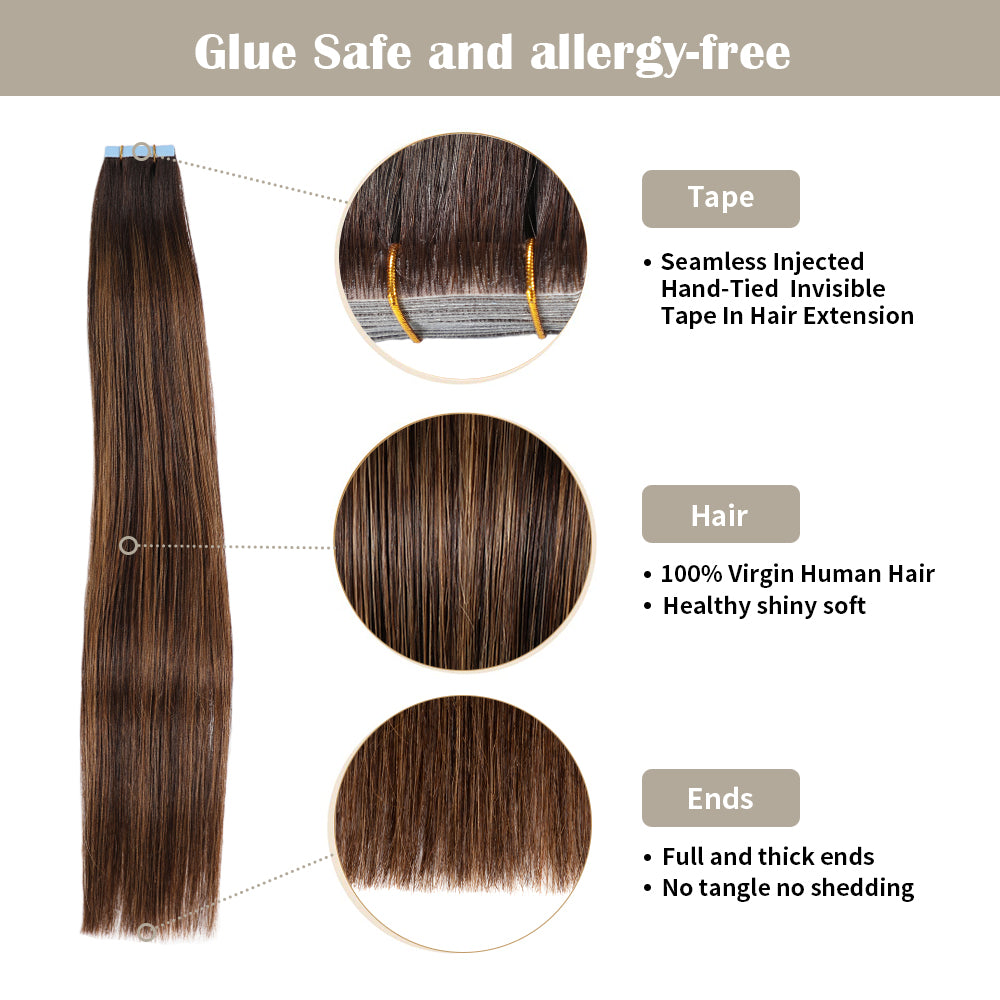 Realmhair invisible tape in hair extensions 20Pcs with safety tapes and full hair ends(P2/6/T2)