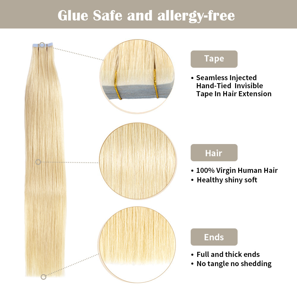 Realmhair invisible tape in hair extensions 20Pcs with safety tapes and full hair ends (#613)