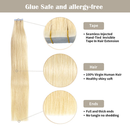 Realmhair invisible tape in hair extensions 20Pcs with safety tapes and full hair ends (#613)