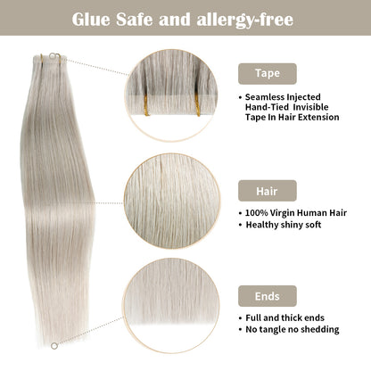 Realmhair invisible tape in hair extensions 20Pcs with safety tapes and full hair ends (#Silver)