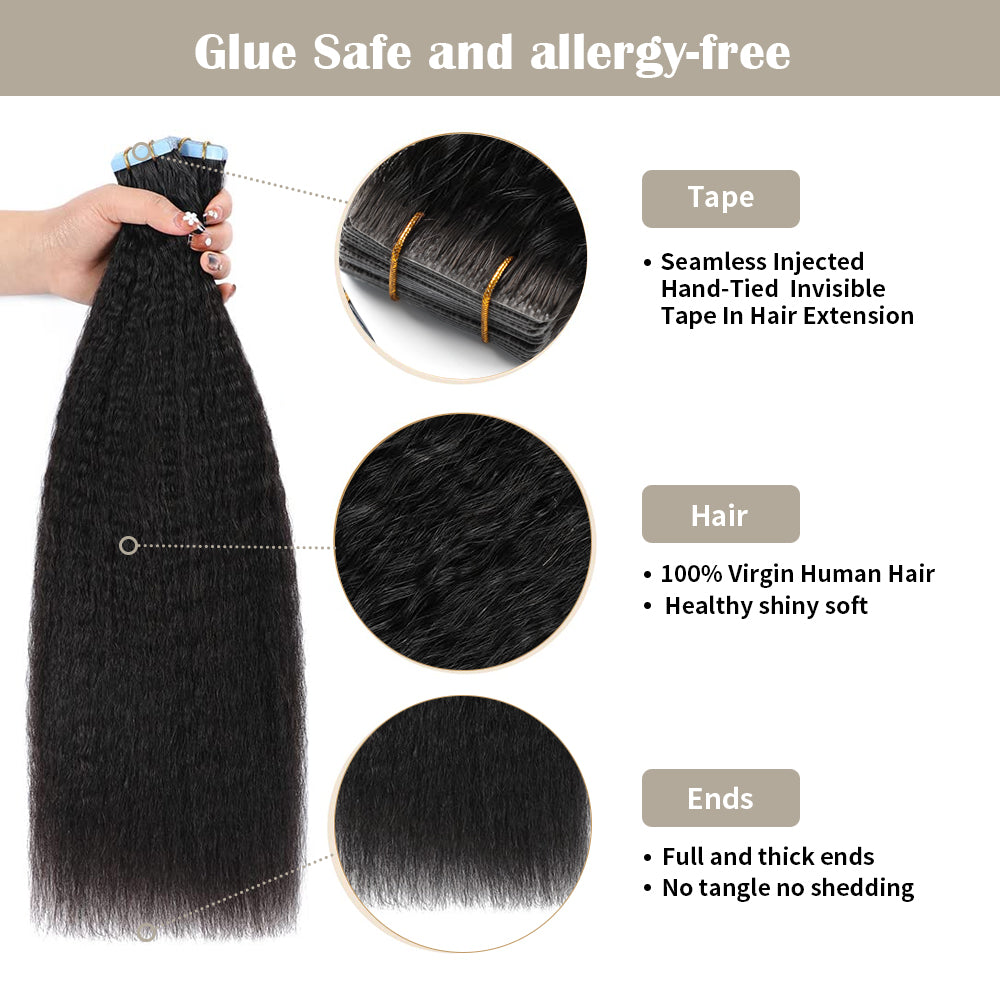 Realmhair kinky invisible tape in hair extensions  with safety tapes and full hair ends  (#1B)     