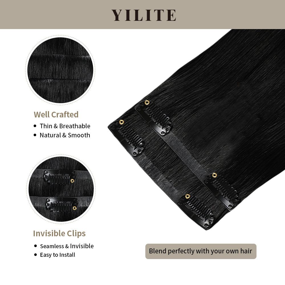 Clip-in hair pads (2 pieces) with front view thumbnail and close-up of clips (#1 Jet Black)
