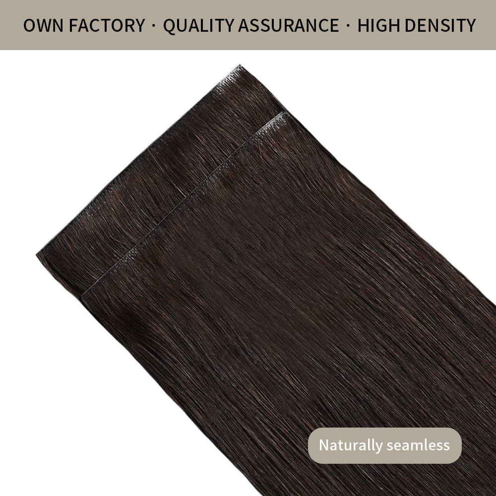 Front view of 2 seamless injected invisible clip in hair extensions (#2 Darkest Brown) 