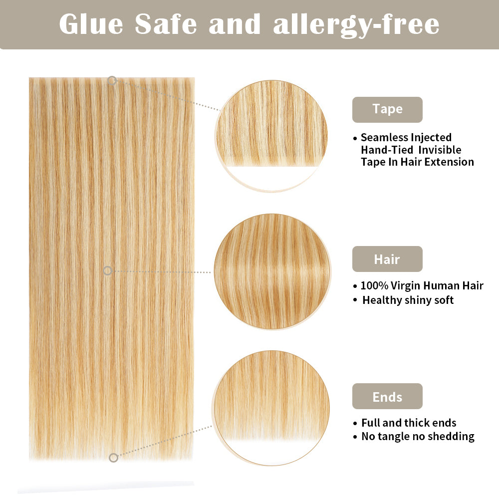 Details of Realmhair invisible tape-in extensions (#P27/613): seamless tape, virgin hair, thick ends 