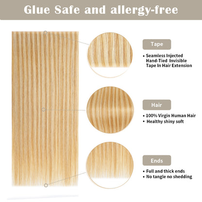 Details of Realmhair invisible tape-in extensions (#P27/613): seamless tape, virgin hair, thick ends 