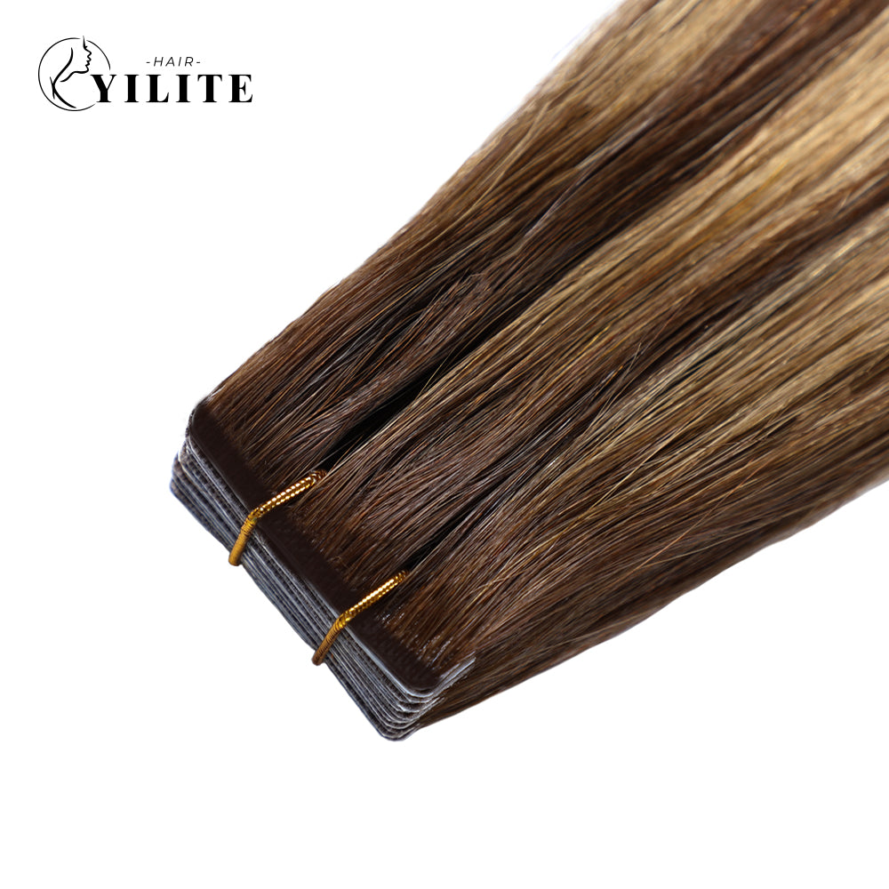 Close-up of Narrow Seamless Injected Hand-Tied Invisible Mini Tape In Hair Extension (#P4/27/T4)