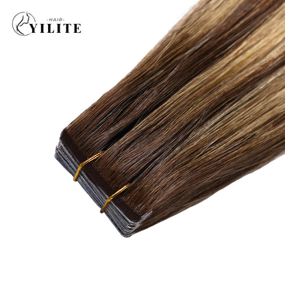Close-up of Narrow Seamless Injected Hand-Tied Invisible Mini Tape In Hair Extension (#P4/27/T4)