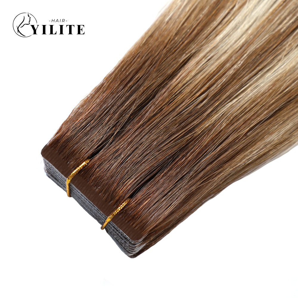 Close-up of Narrow Seamless Injected Hand-Tied Invisible Mini Tape In Hair Extension (#P6/613/T4)