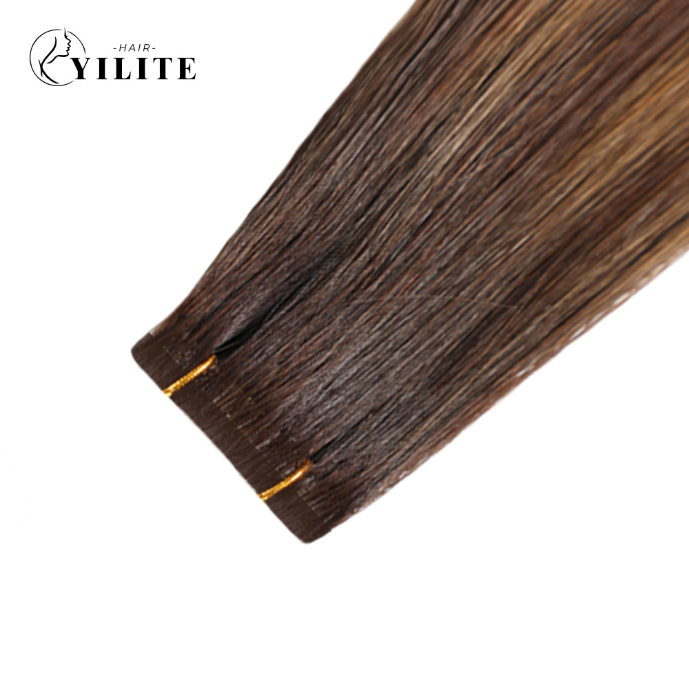 Close-up of Narrow Seamless Injected Hand-Tied Invisible Mini Tape In Hair Extension (#P2/6/T2)