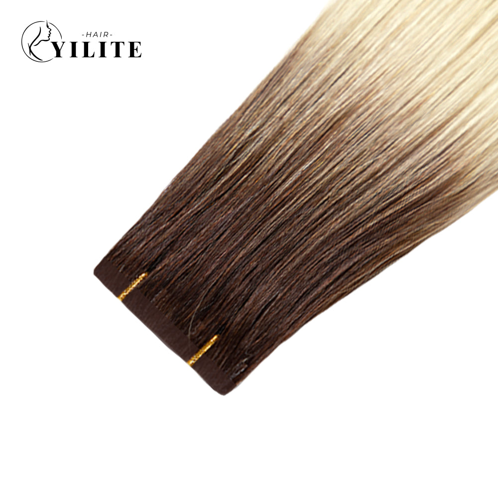 Close-up of Narrow Seamless Injected Hand-Tied Invisible Mini Tape In Hair Extension (#T2/60)