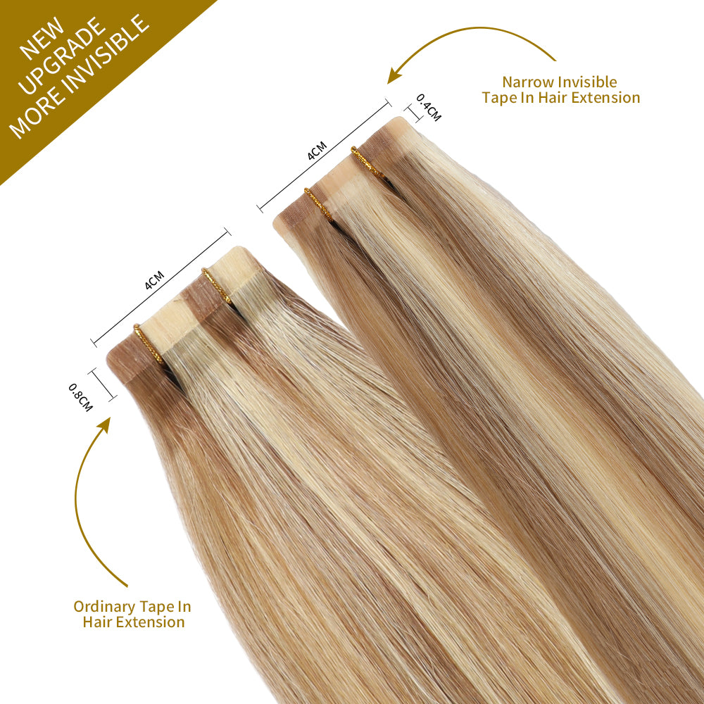 Comparison of narrow tape in hair extensions vs ordinary tape in extensions 20Pcs (#P18/613)