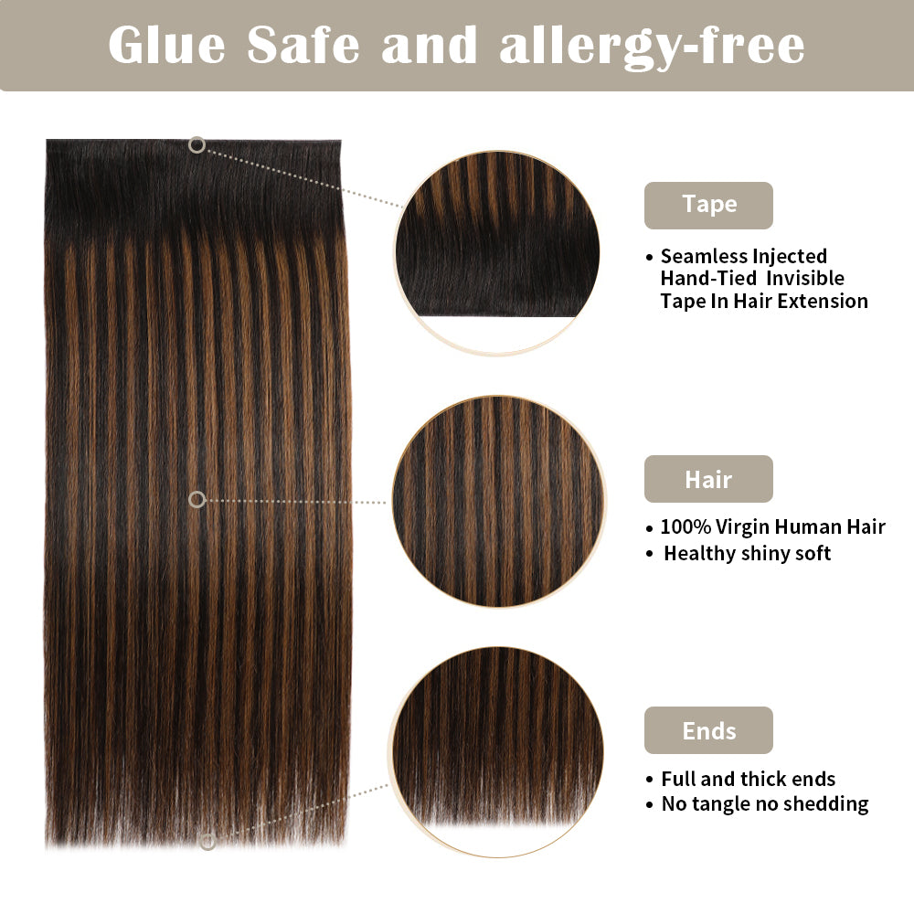 Details of Realmhair invisible tape-in extensions (#P1B/6/T1B): seamless tape, virgin hair, thick ends