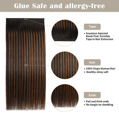 Details of Realmhair invisible tape-in extensions (#P1B/6/T1B): seamless tape, virgin hair, thick ends