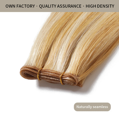 Close-up of Realmhair seamless high-density genius weft 1Pc in #P27/613 with naturally thin weft base  