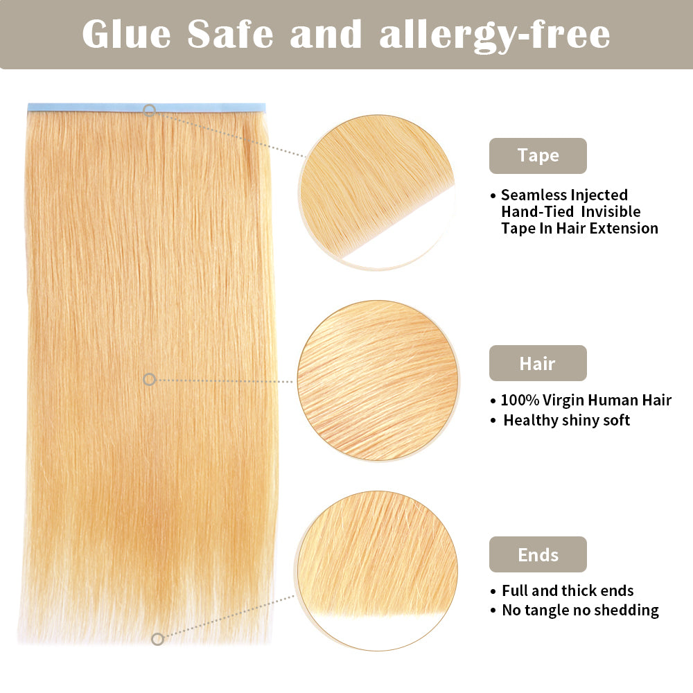 Details of Realmhair invisible tape-in extensions (#27): seamless tape, virgin hair, thick ends