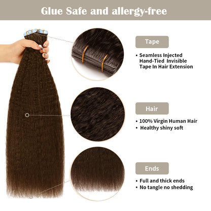 Realmhair kinky invisible tape in extensions  with safety tapes and full hair ends (#2 Darkest Brown)