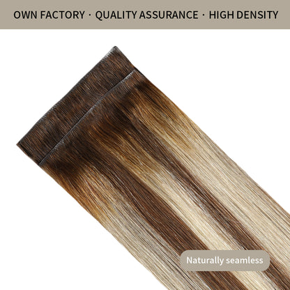Front view of 2 seamless injected invisible clip in hair extensions (#P6/613/T4)