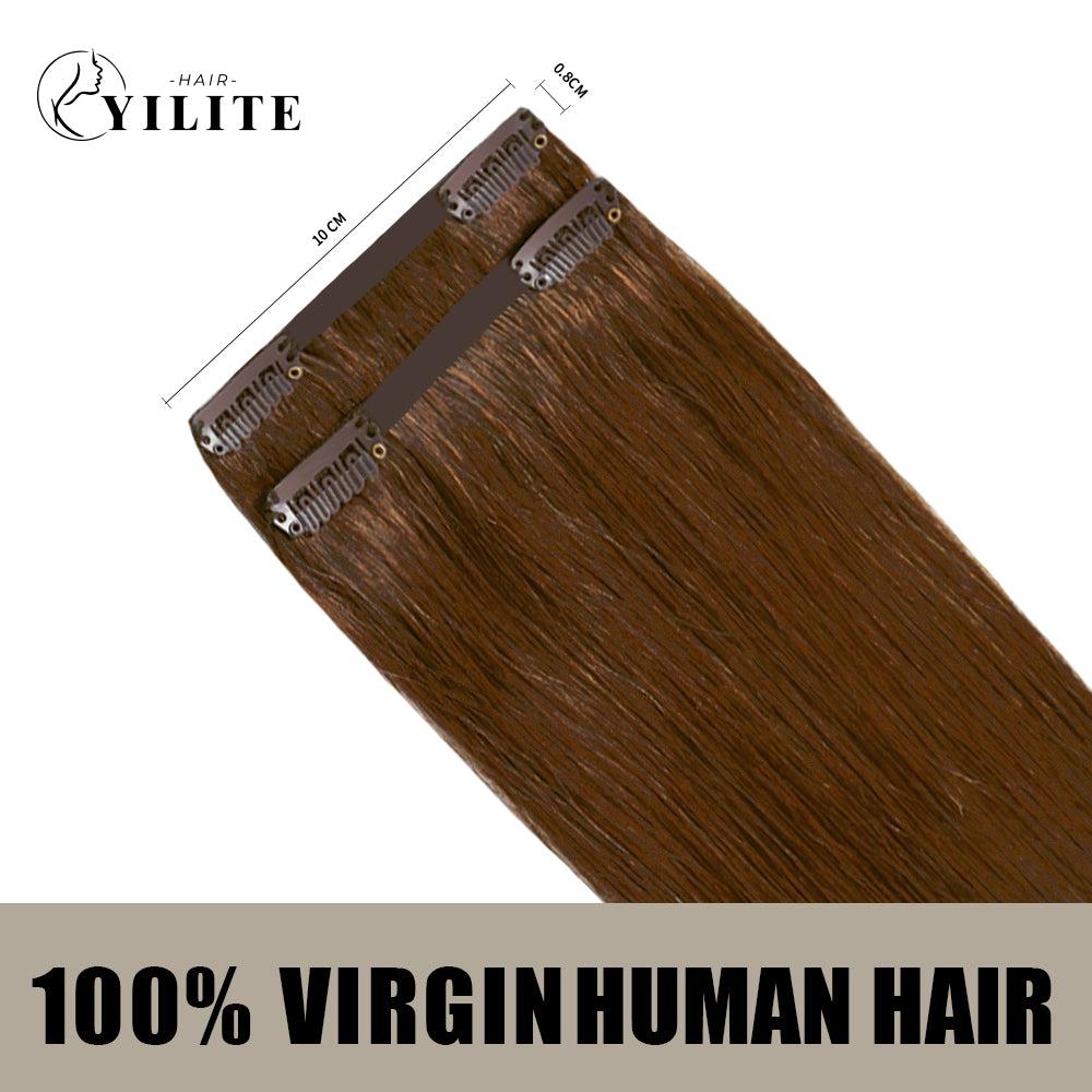 Back view of 2 clip-in hair pads with 2 clips each, 100% virgin human hair in color #6 Medium Brown 