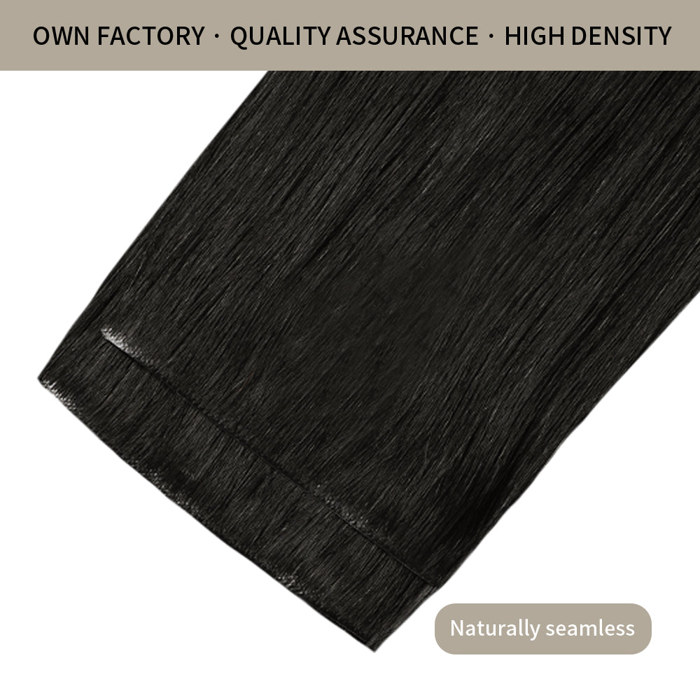 Front view of 2 seamless injected invisible clip in hair extensions (#1B Natural Black)