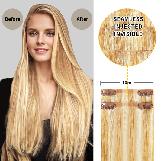 Before and after wearing Realmhair #P27/613 seamless clip in hair pads, 10cm wide piece 
