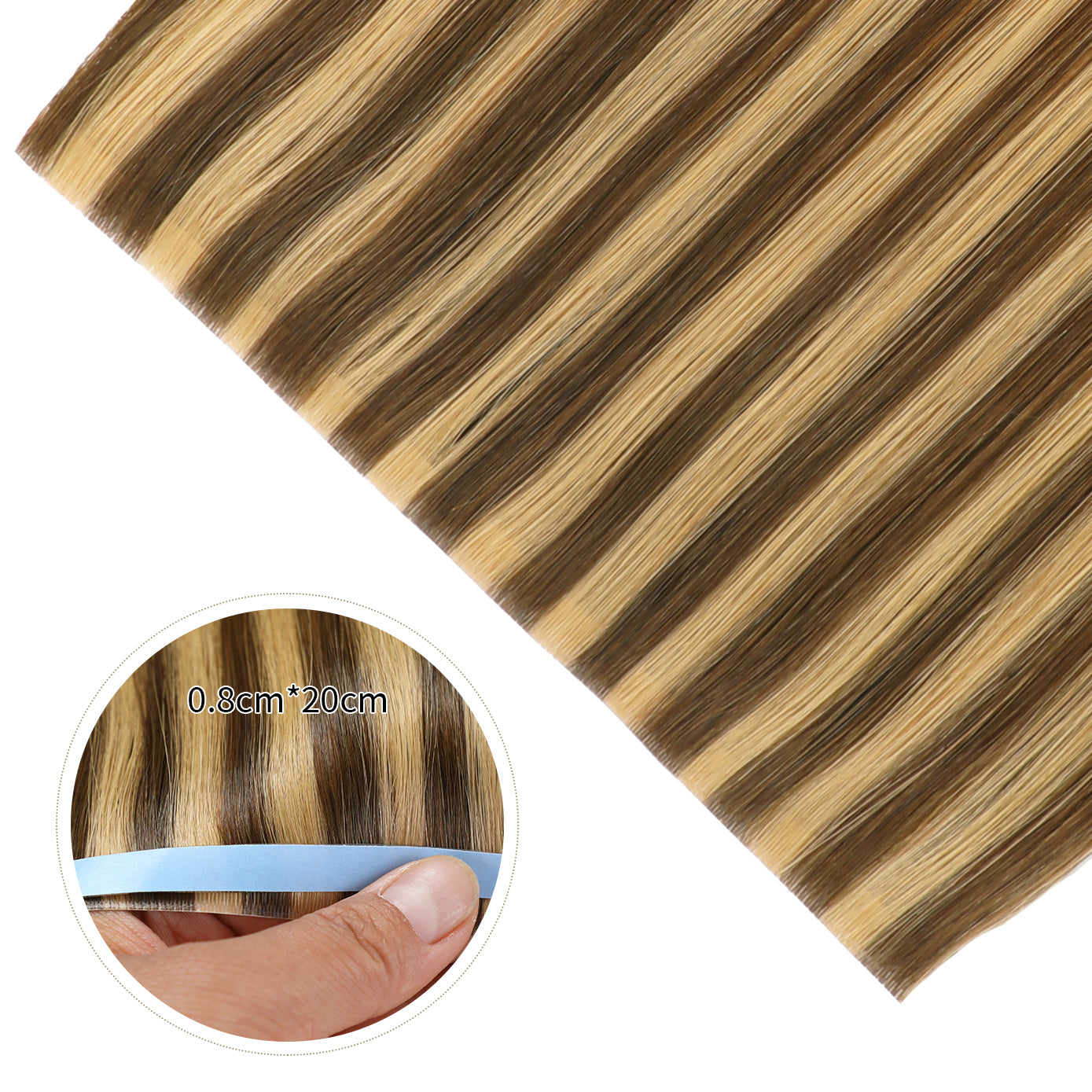 Close-up of Realmhair 20¡Á0.8cm invisible tape-in hair extensions in color #P4/27