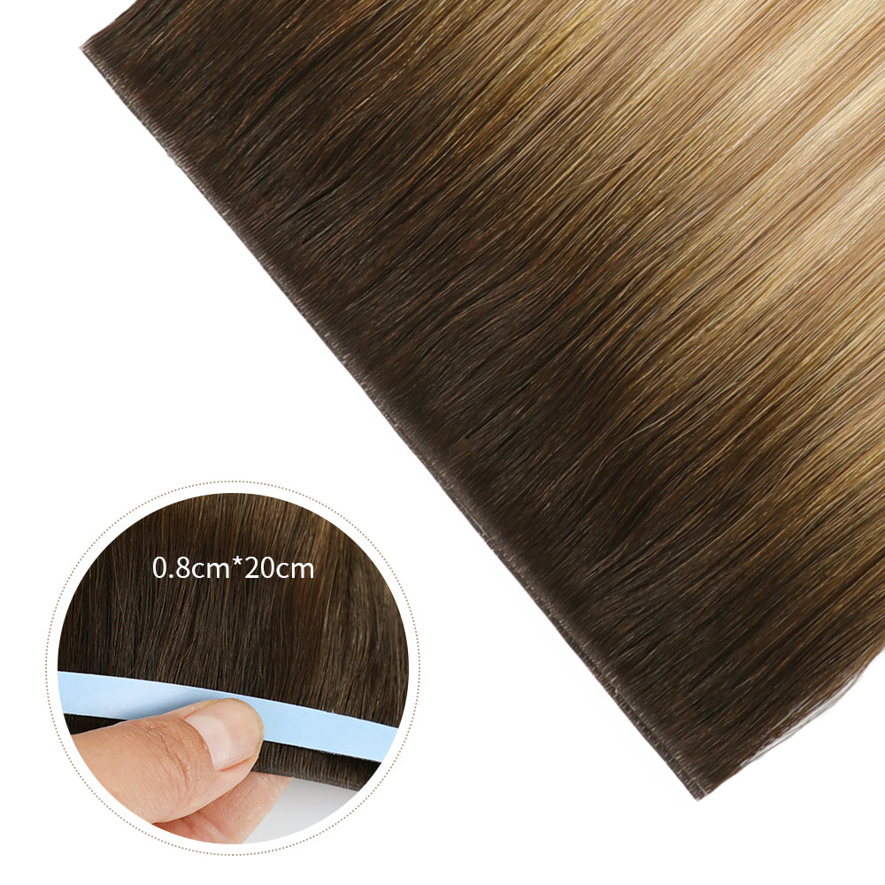 Close-up of Realmhair 20¡Á0.8cm invisible tape-in hair extensions in color #T2/P18/60 