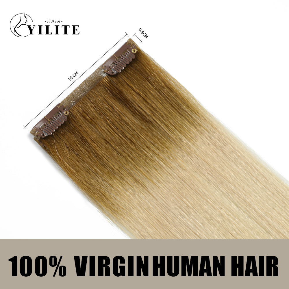 Back view of 2 clip-in hair pads with 2 clips each, 100% virgin human hair in color #P8/60 