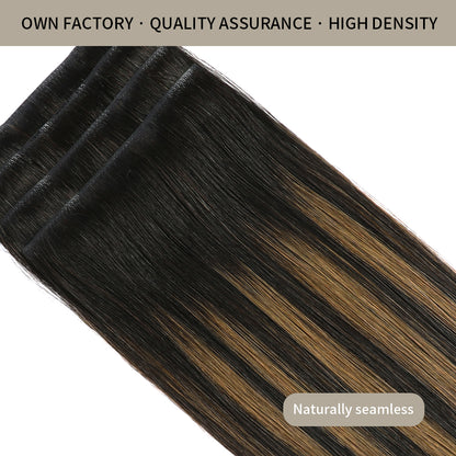 Front view of 4 seamless injected invisible clip in hair extensions (#P1B/6/T1B)