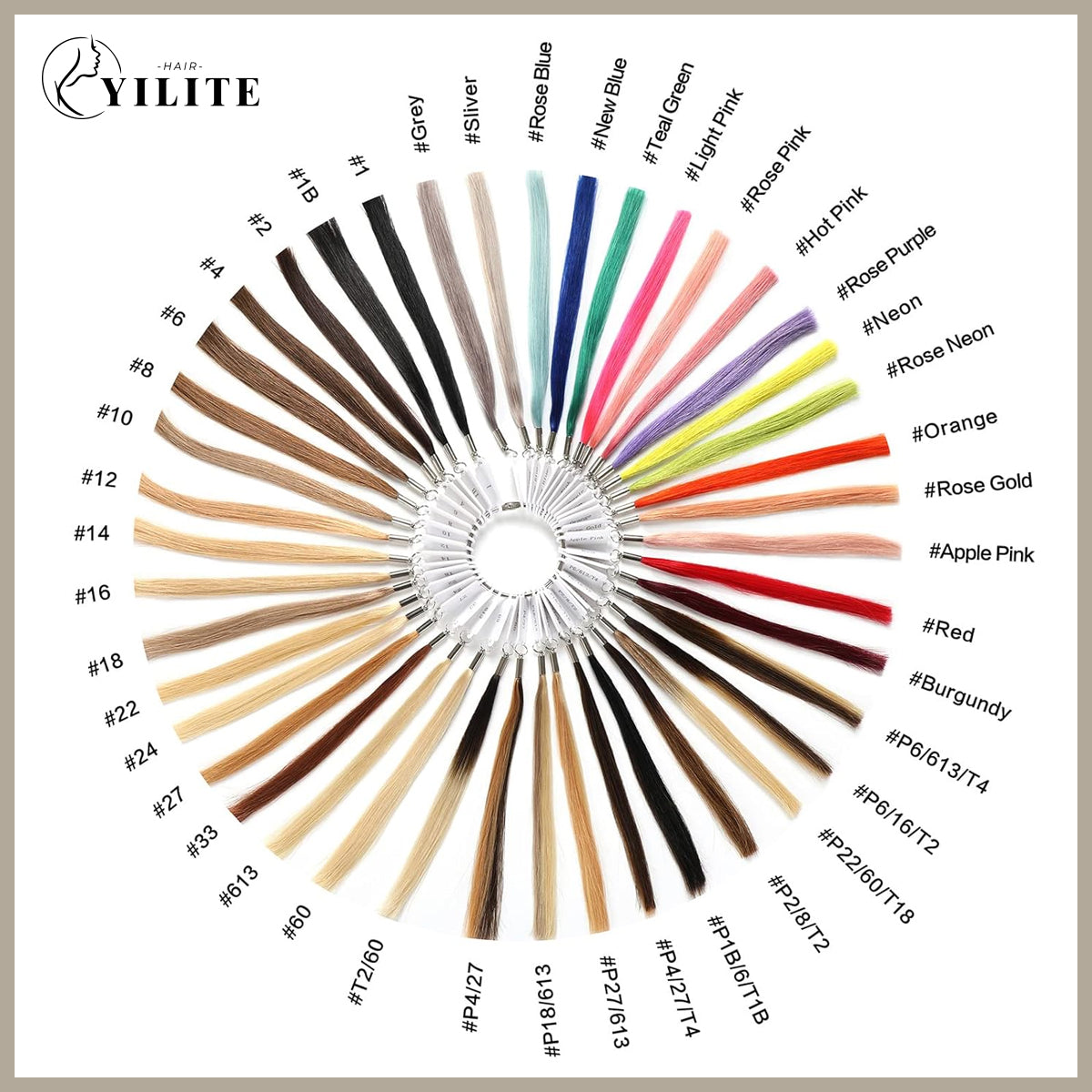 Realmhair hair color ring fully displayed with corresponding color codes for extensions
