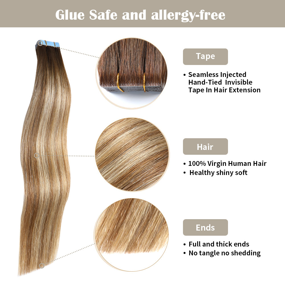Realmhair invisible tape in hair extensions 20Pcs with safety tapes and full hair ends(P6/613/T4)