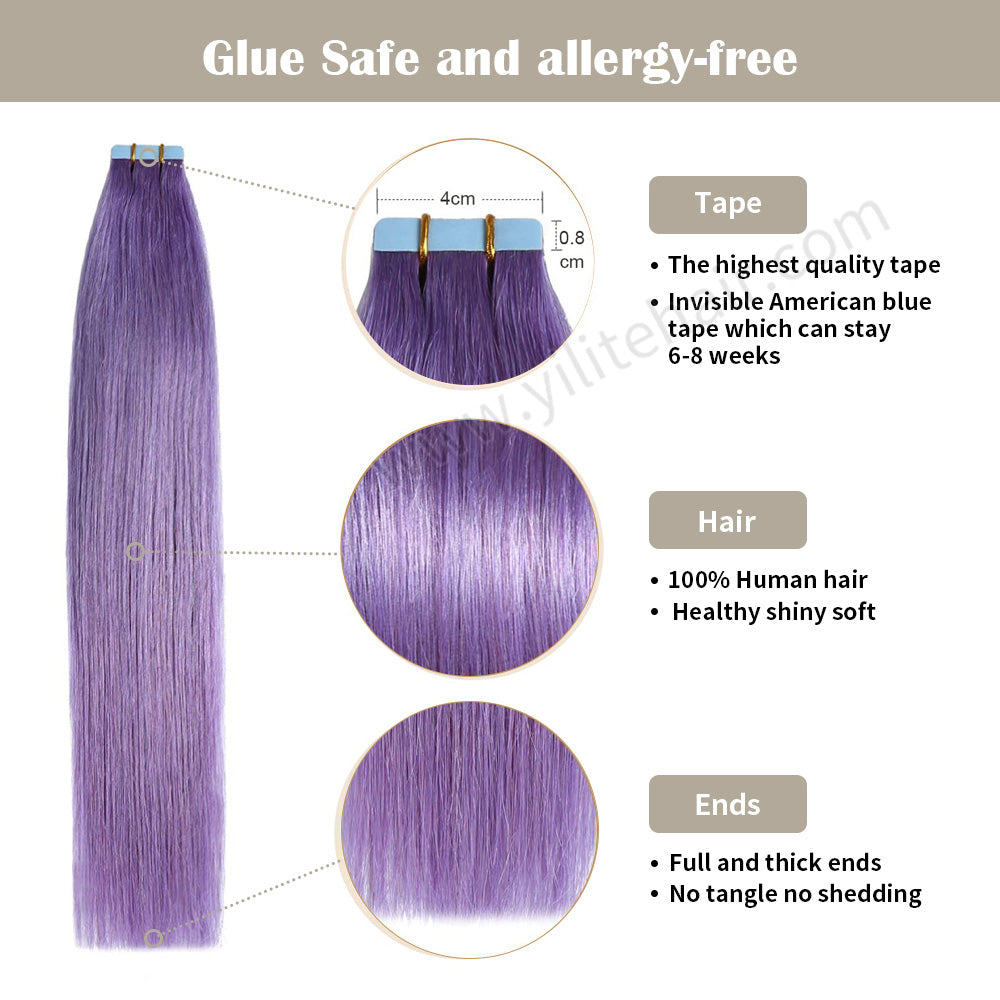 Realmhair Tape In Hair Extensions Tape Ins Invisible Natural Remy Human Hair (#Purple)-Realmhairhair