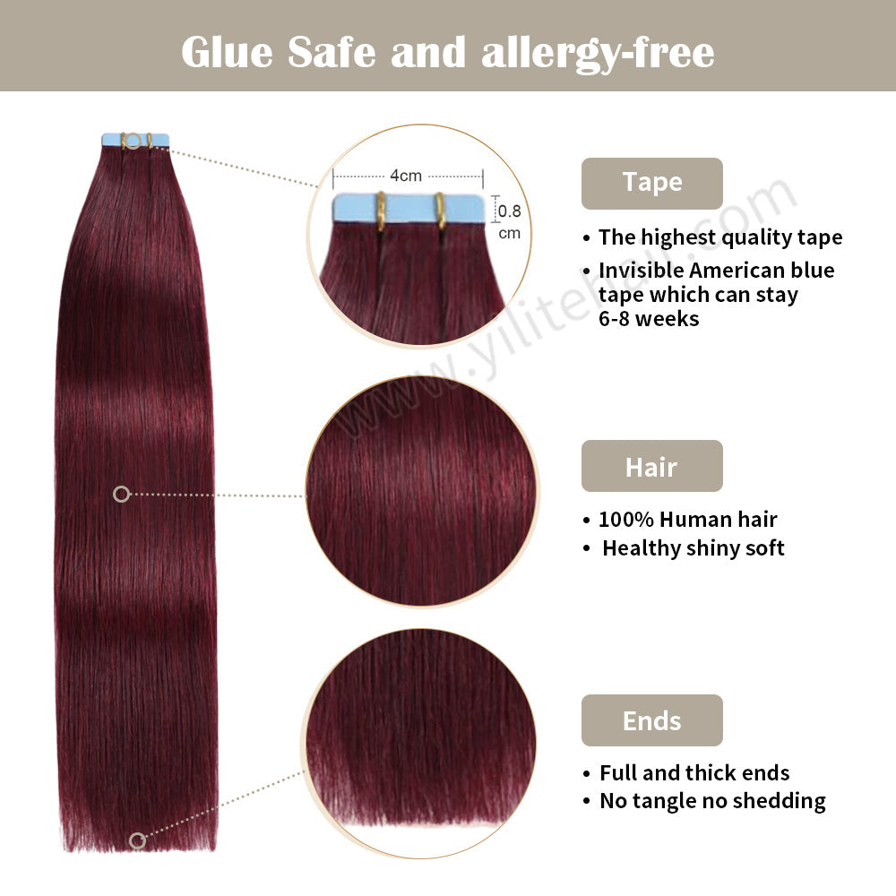 Realmhair Tape In Hair Extensions Tape Ins Invisible Natural Remy Human Hair (#99J Burgundy)-Realmhairhair