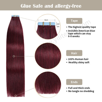 Realmhair Tape In Hair Extensions Tape Ins Invisible Natural Remy Human Hair (#99J Burgundy)-Realmhairhair