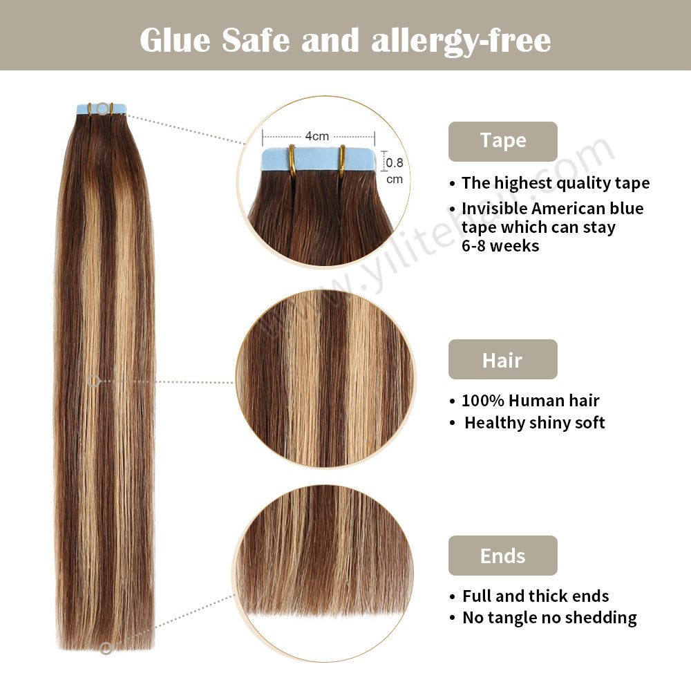 Realmhair Tape In Hair Extensions Tape Ins Invisible Natural Remy Human Hair (#P4/27/T4)-Realmhairhair