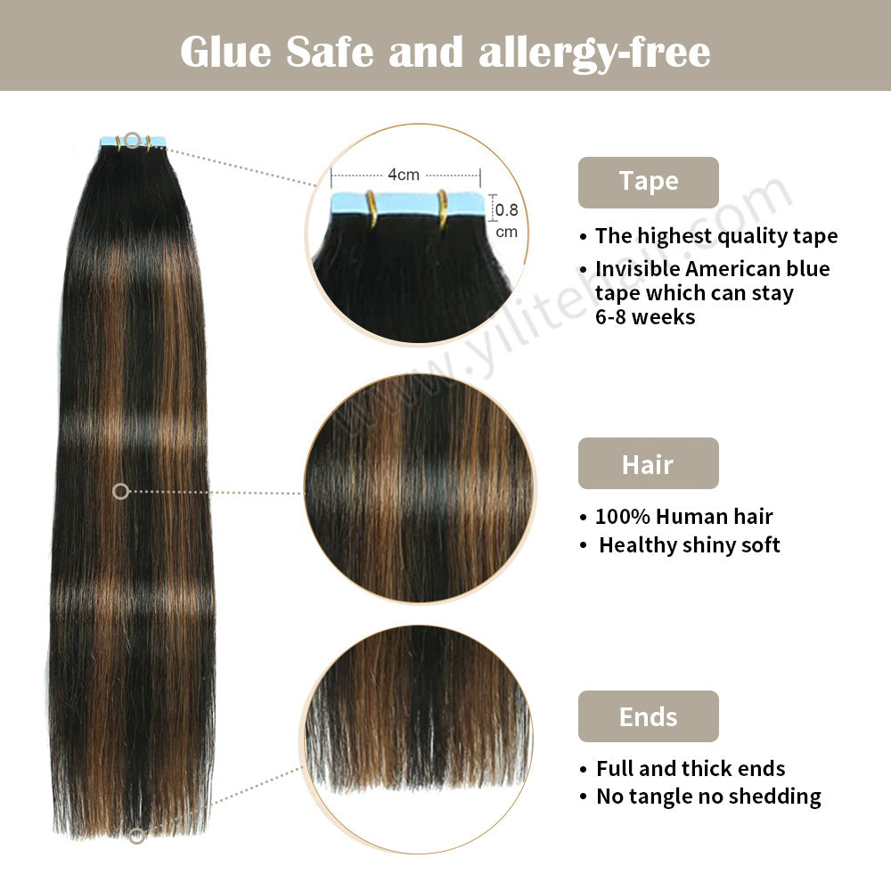 Realmhair Tape In Hair Extensions Tape Ins Invisible Natural Remy Human Hair (#P1B/6/T1B)-Realmhairhair