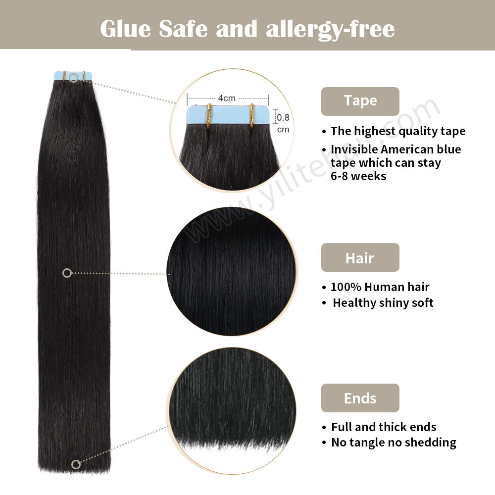 Realmhair Tape In Hair Extensions Tape Ins Invisible Natural Remy Human Hair (1B# Natural Black )