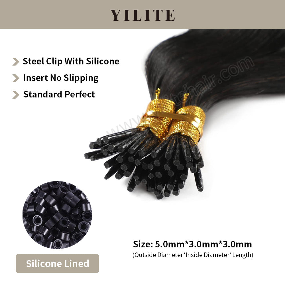 Realmhair I Tip hair extensions shown with silicone-lined beads for illustration (5.0¡Á3.0¡Á3.0mm)(#1B) 