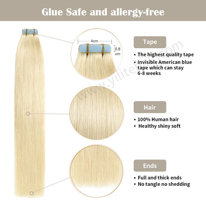 Details of Realmhair tape-in hair extensions (#60 Platinum Blonde): secure tape, human hair, thick ends