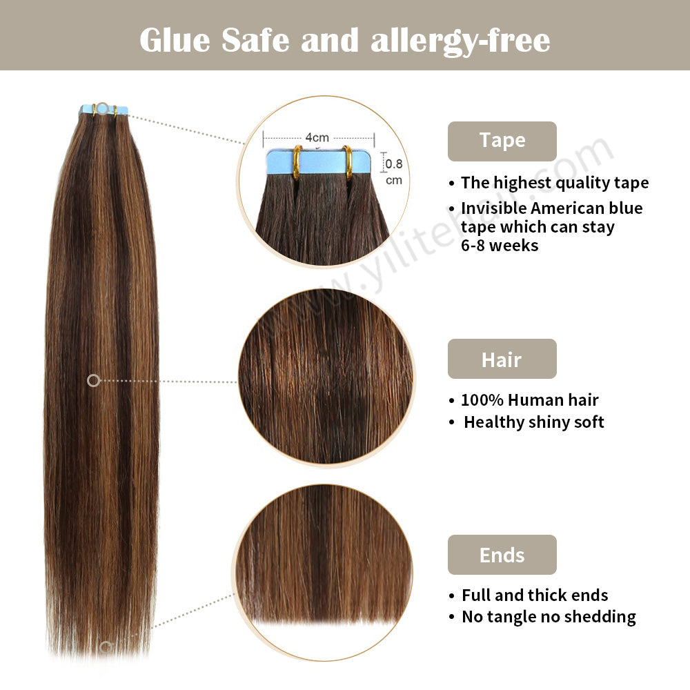 Realmhair Tape In Hair Extensions Tape Ins Invisible Natural Remy Human Hair (#P2/6/T2)-Realmhairhair