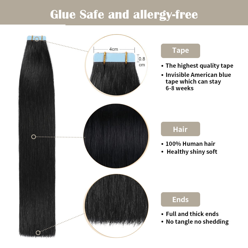 Realmhair Tape In Hair Extensions Tape Ins Invisible Natural Remy Human Hair  (1# Jet Black)-Realmhairhair
