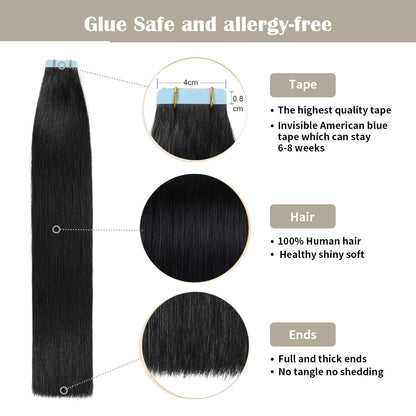 Realmhair Tape In Hair Extensions Tape Ins Invisible Natural Remy Human Hair  (1# Jet Black)-Realmhairhair