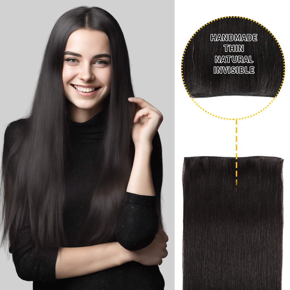 Model showcasing genius weft Pc in color #1B, and a close-up of the invisible thin weft 