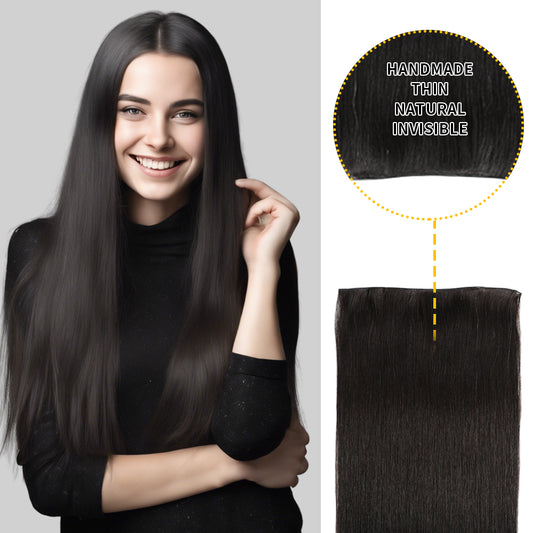 Model showcasing genius weft Pc in color #1B, and a close-up of the invisible thin weft 