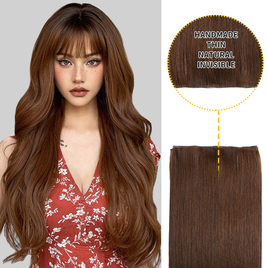 Model showcasing genius weft 1Pc in color #4, and a close-up of the invisible thin weft