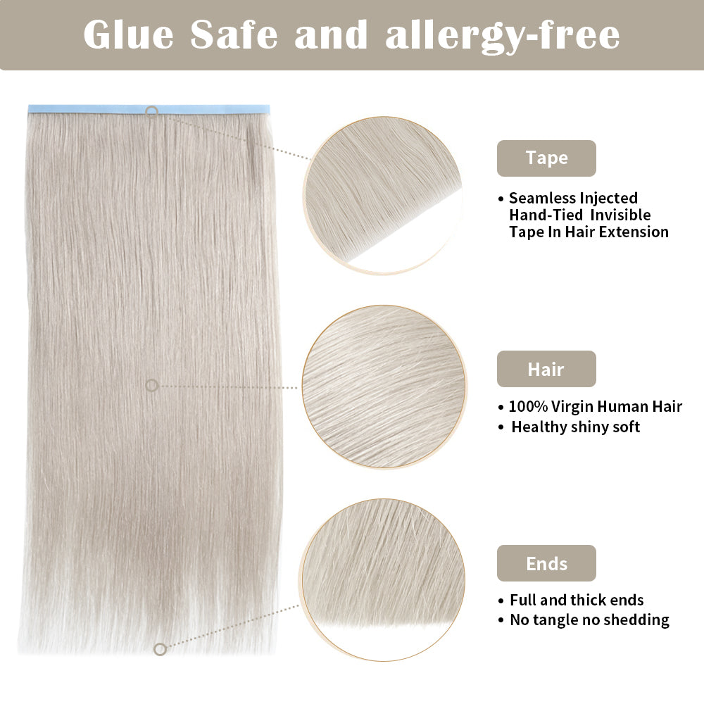 Details of Realmhair invisible tape-in extensions (#Silver): seamless tape, virgin hair, thick ends