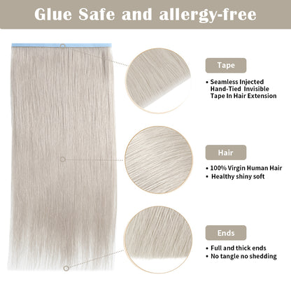 Details of Realmhair invisible tape-in extensions (#Silver): seamless tape, virgin hair, thick ends