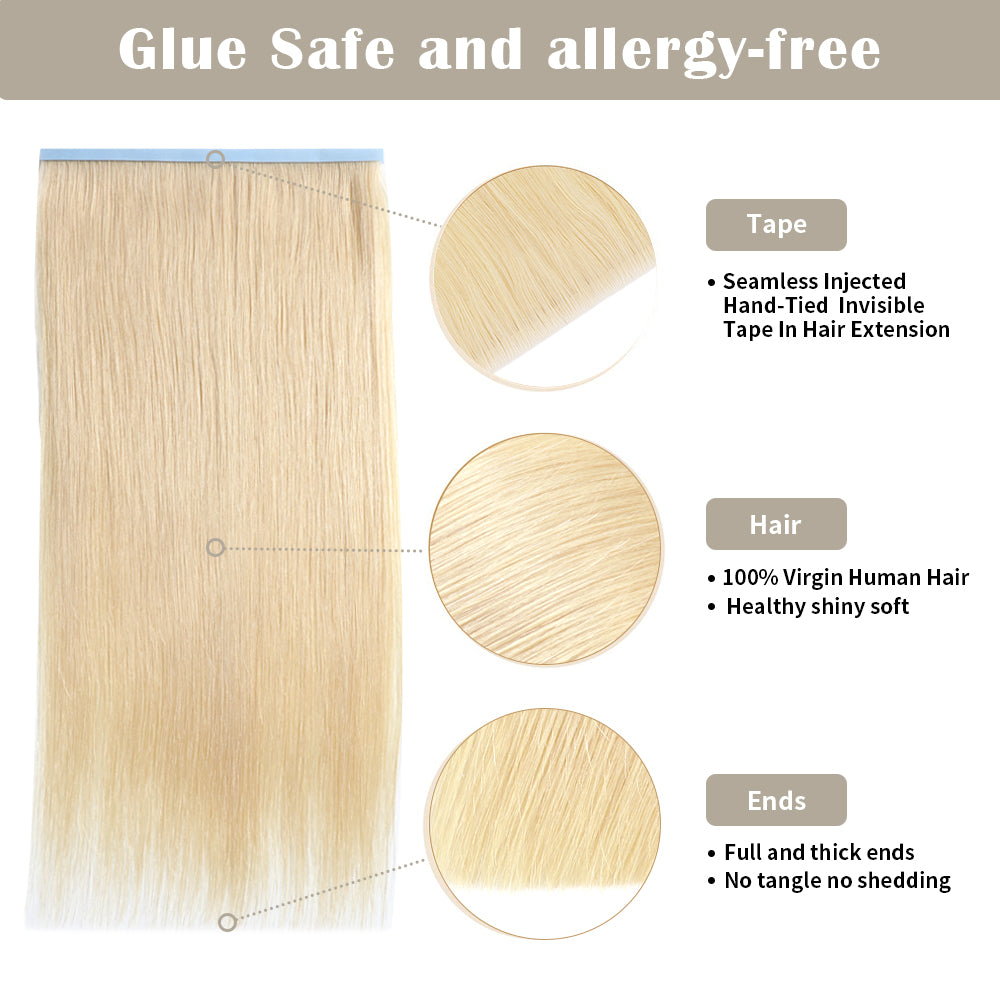 Details of Realmhair invisible tape-in extensions (#613): seamless tape, virgin hair, thick ends 