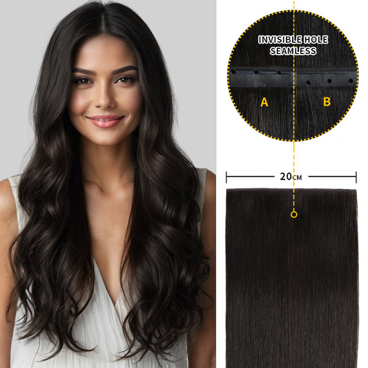 Model showcasing Realmhair hole connection 2 in 1 long seamless invisible tape in hair extension (#1B)