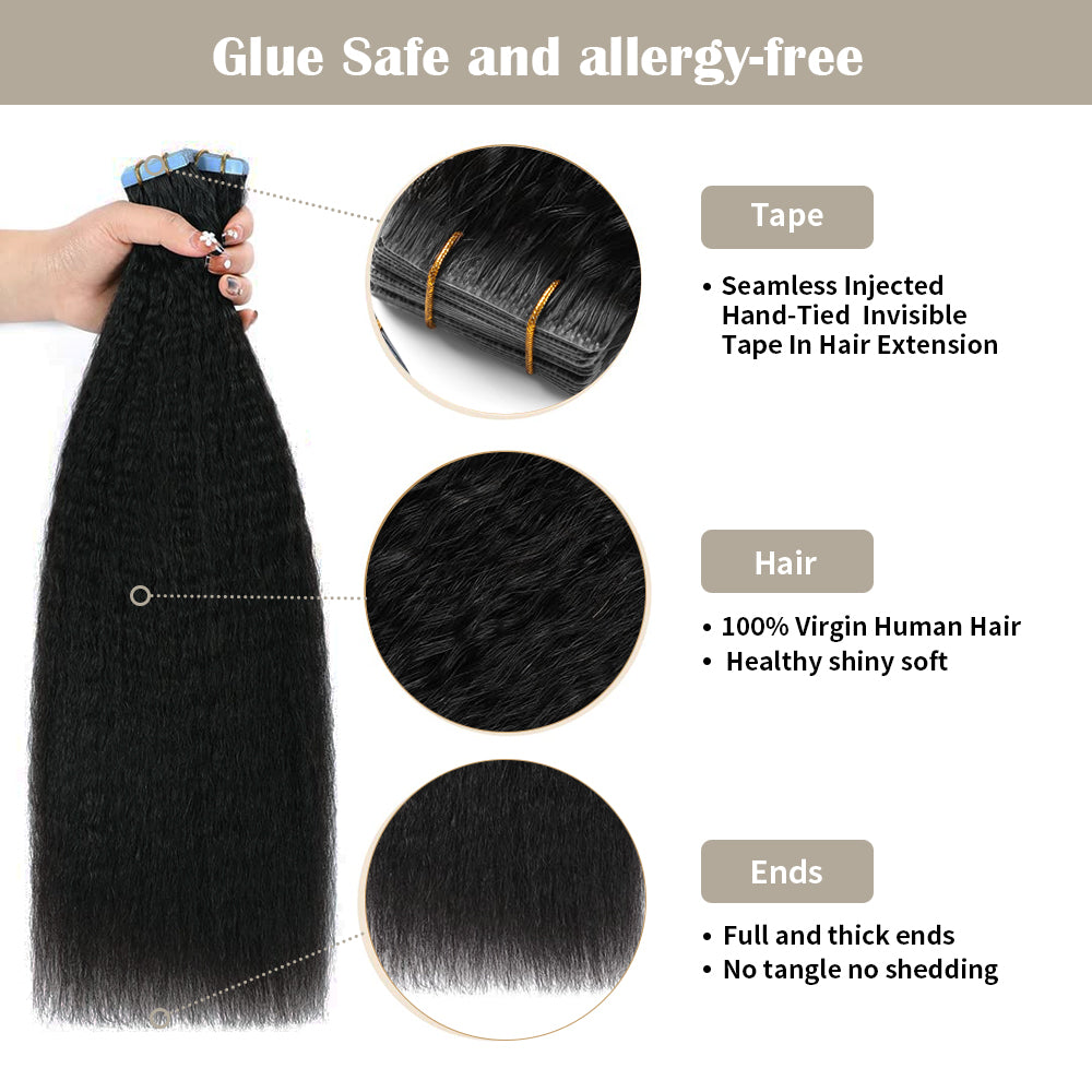 Realmhair kinky invisible tape in hair extensions  with safety tapes and full hair ends (#1 Jet Black)