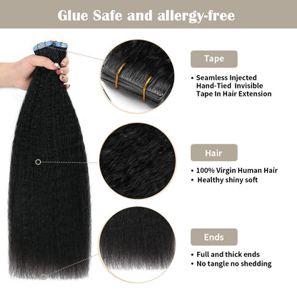 Realmhair kinky invisible tape in hair extensions  with safety tapes and full hair ends (#1 Jet Black)